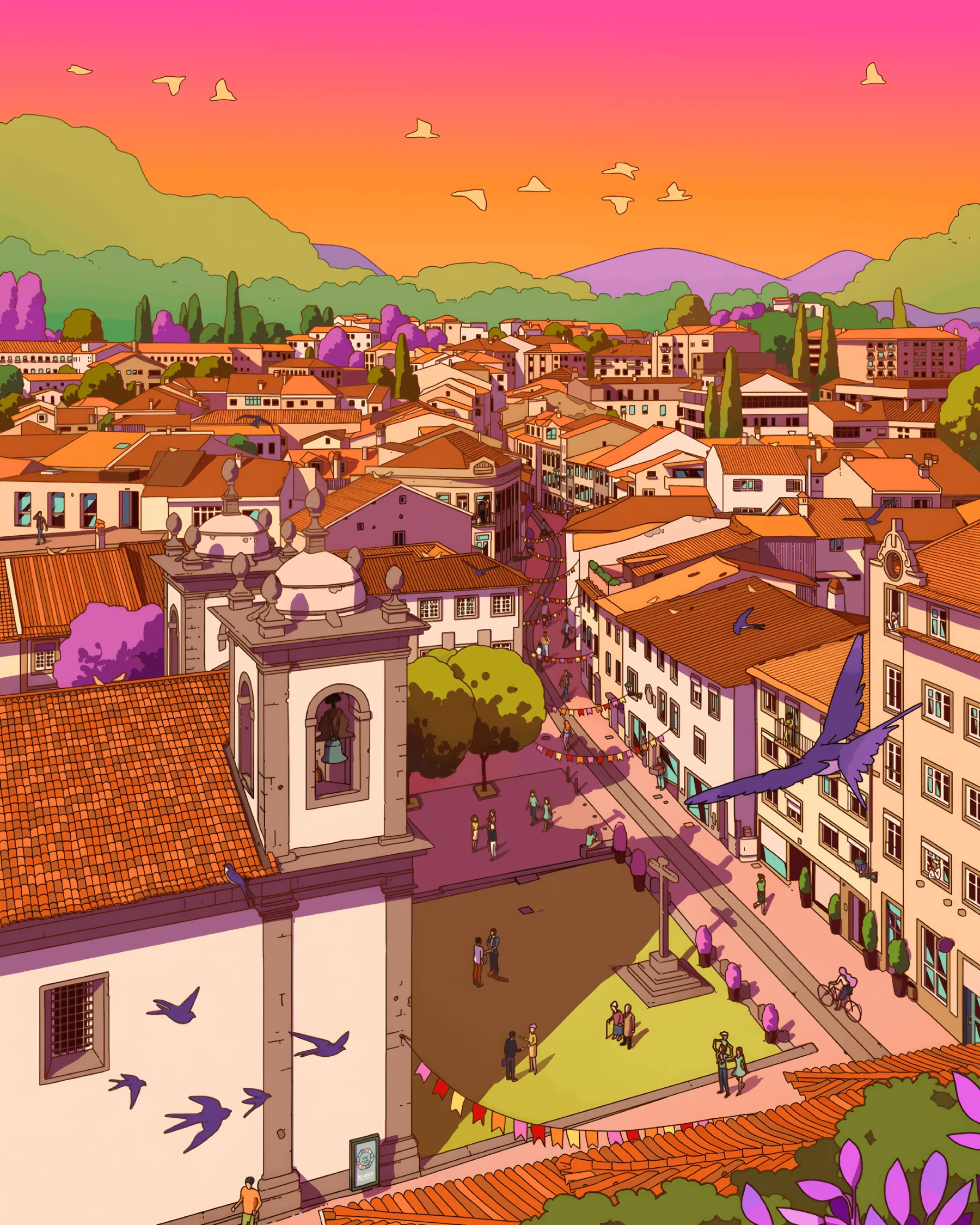 Colorful panoramic cityscape illustration at sunset