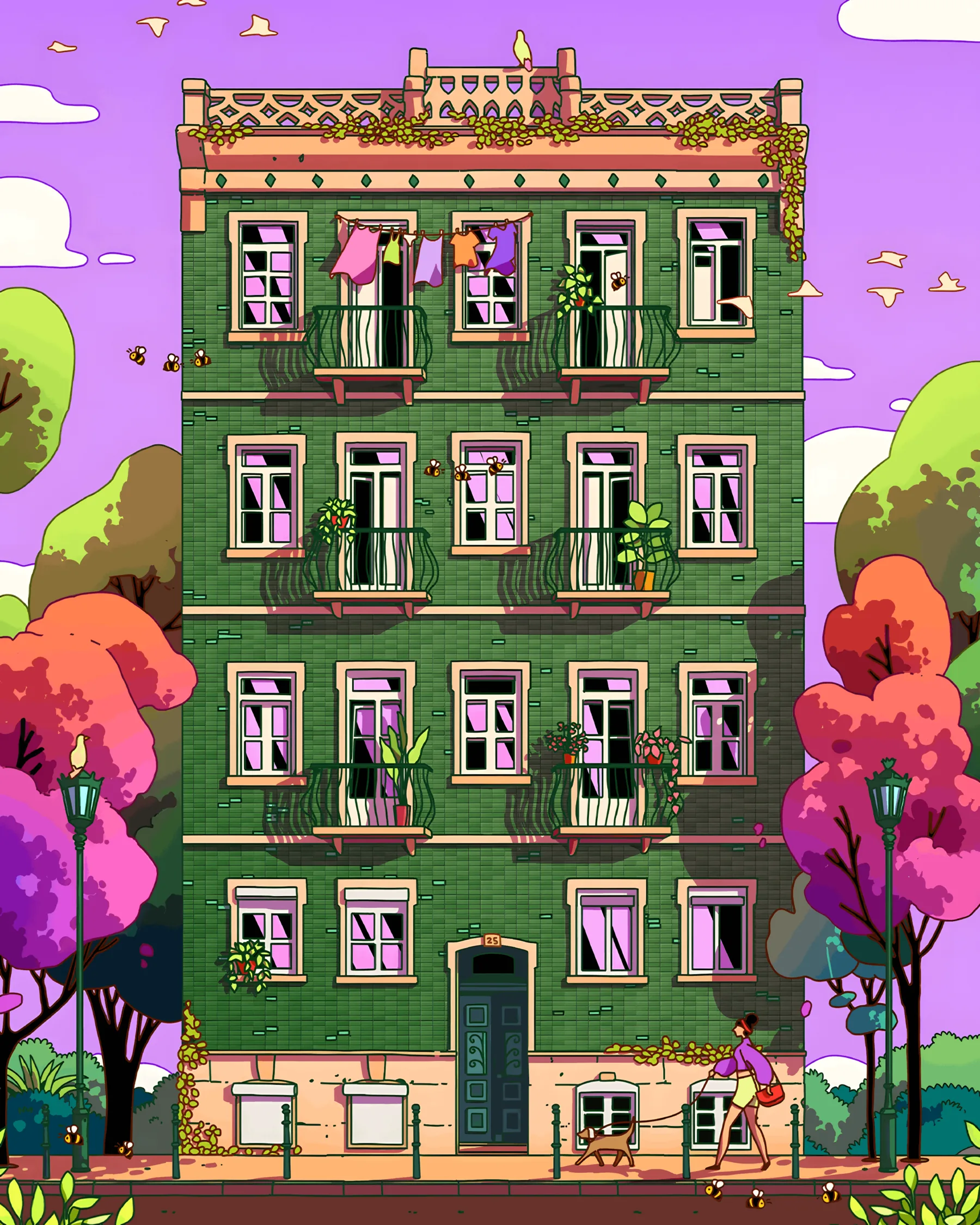 Colorful green townhouse illustration