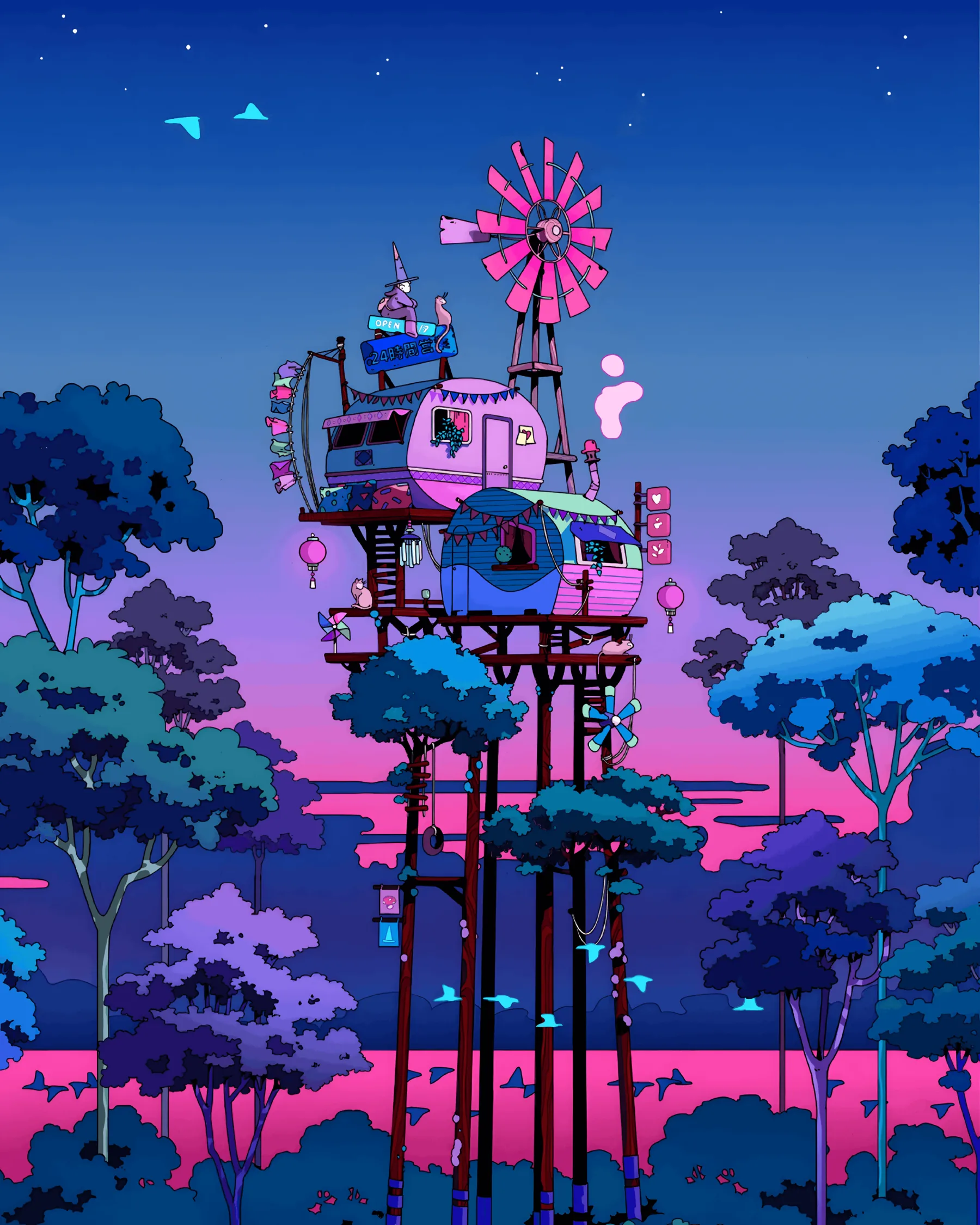 Whimsical treehouse illustration at night