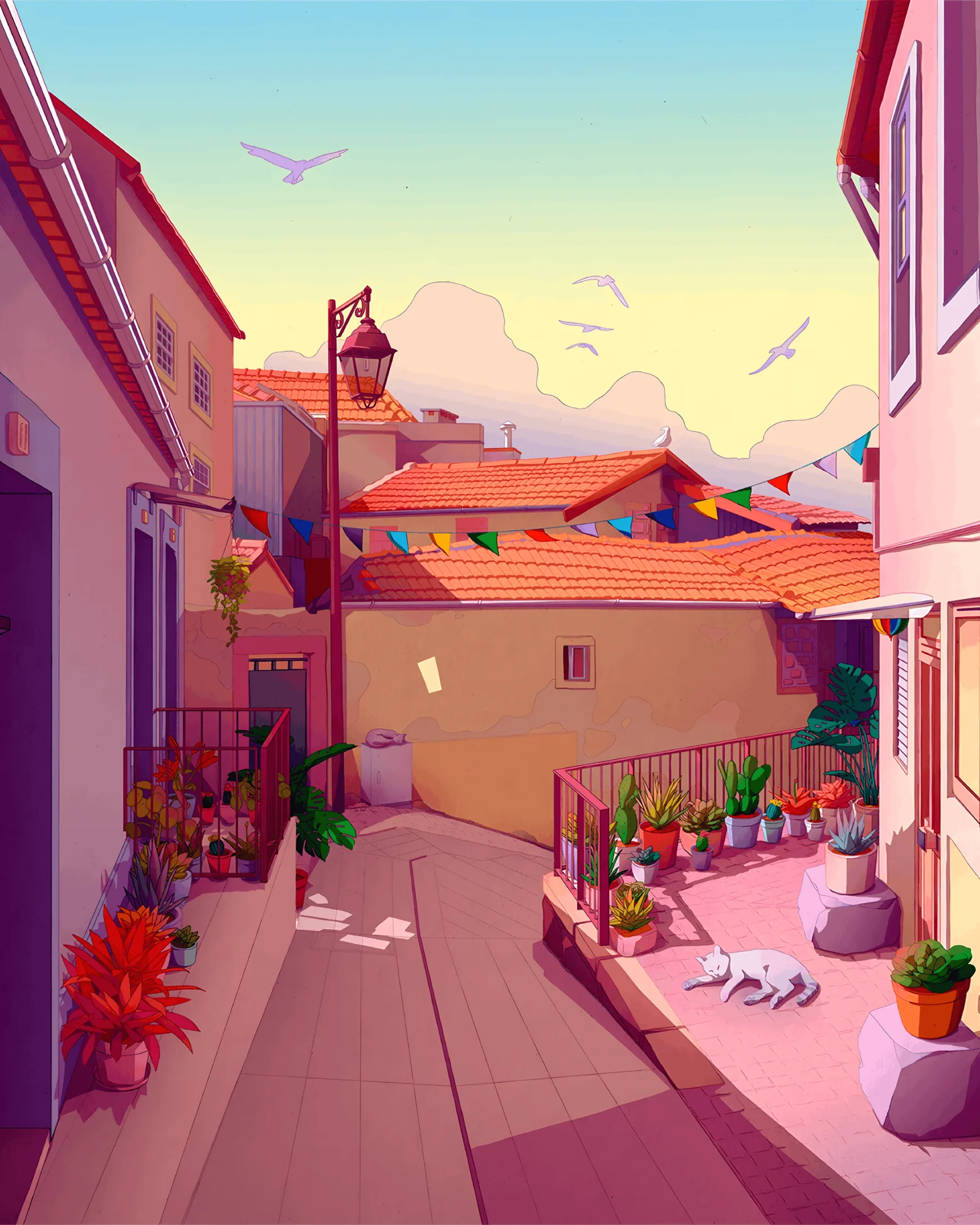 Sunny rooftop terrace illustration