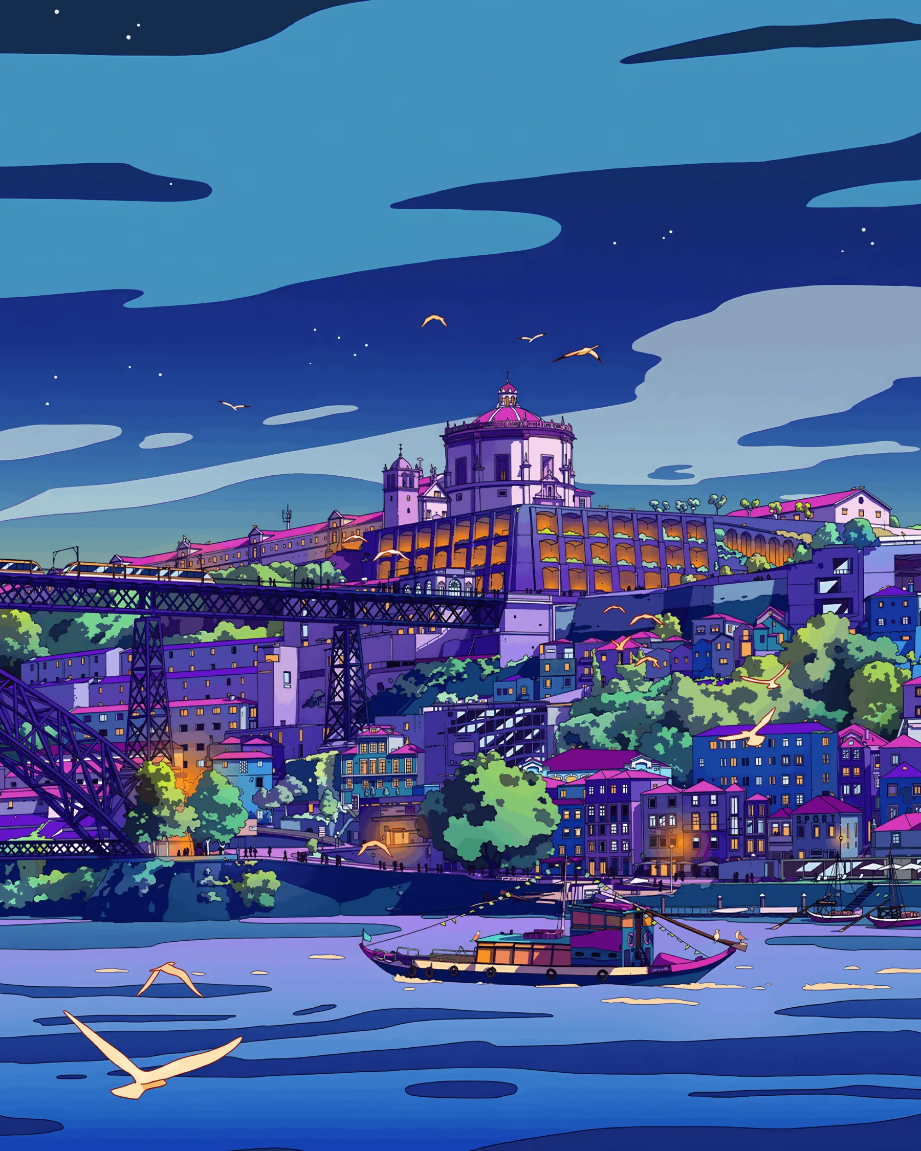 Colorful riverside city illustration at night