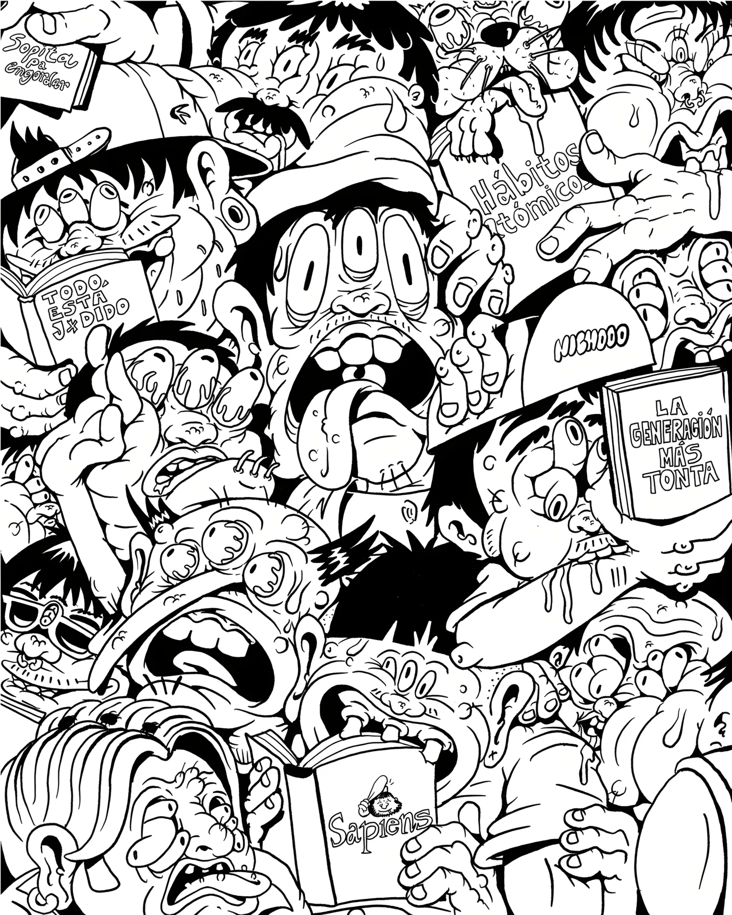 Detailed black and white character line art
