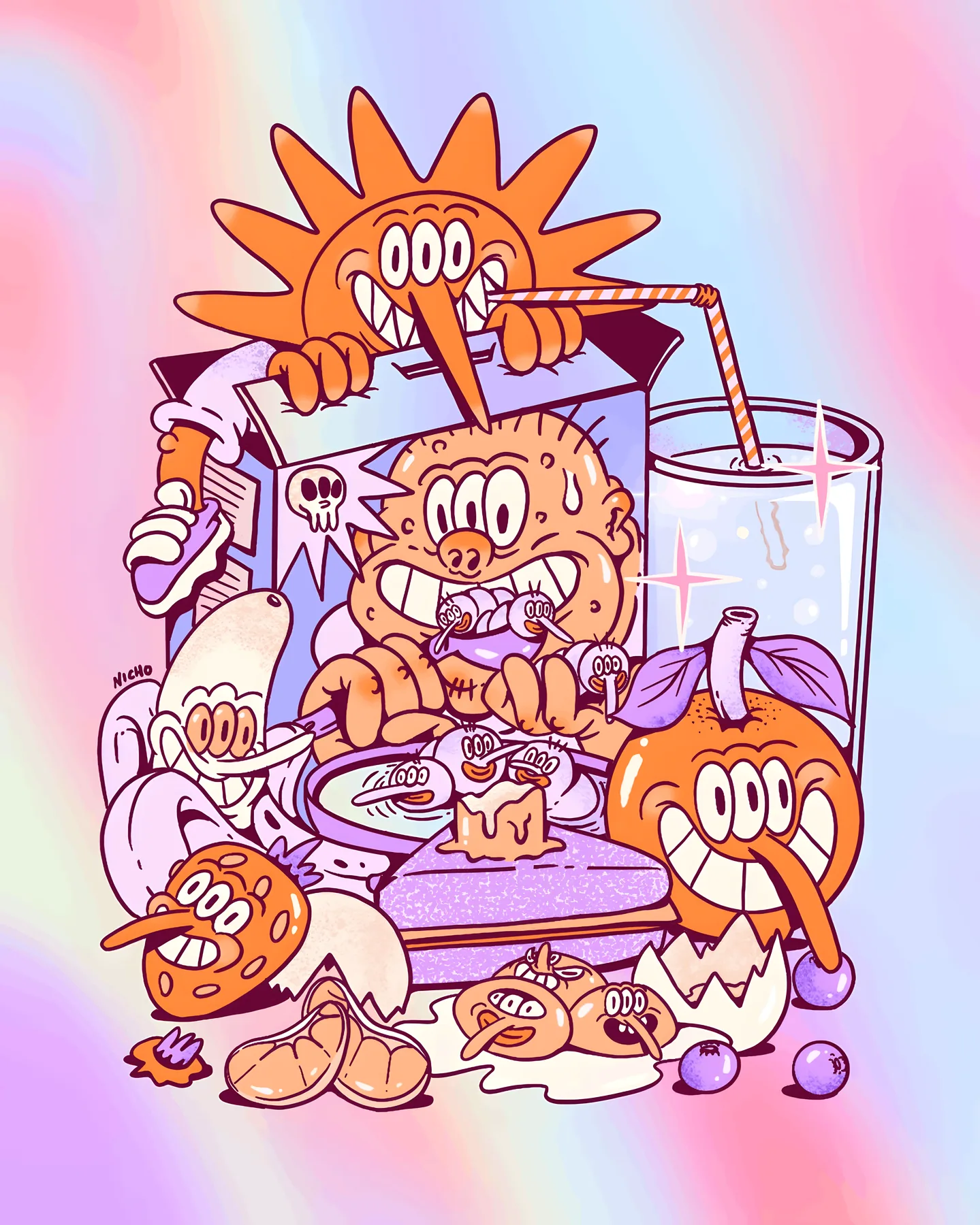 Orange cartoon characters making food in a kitchen