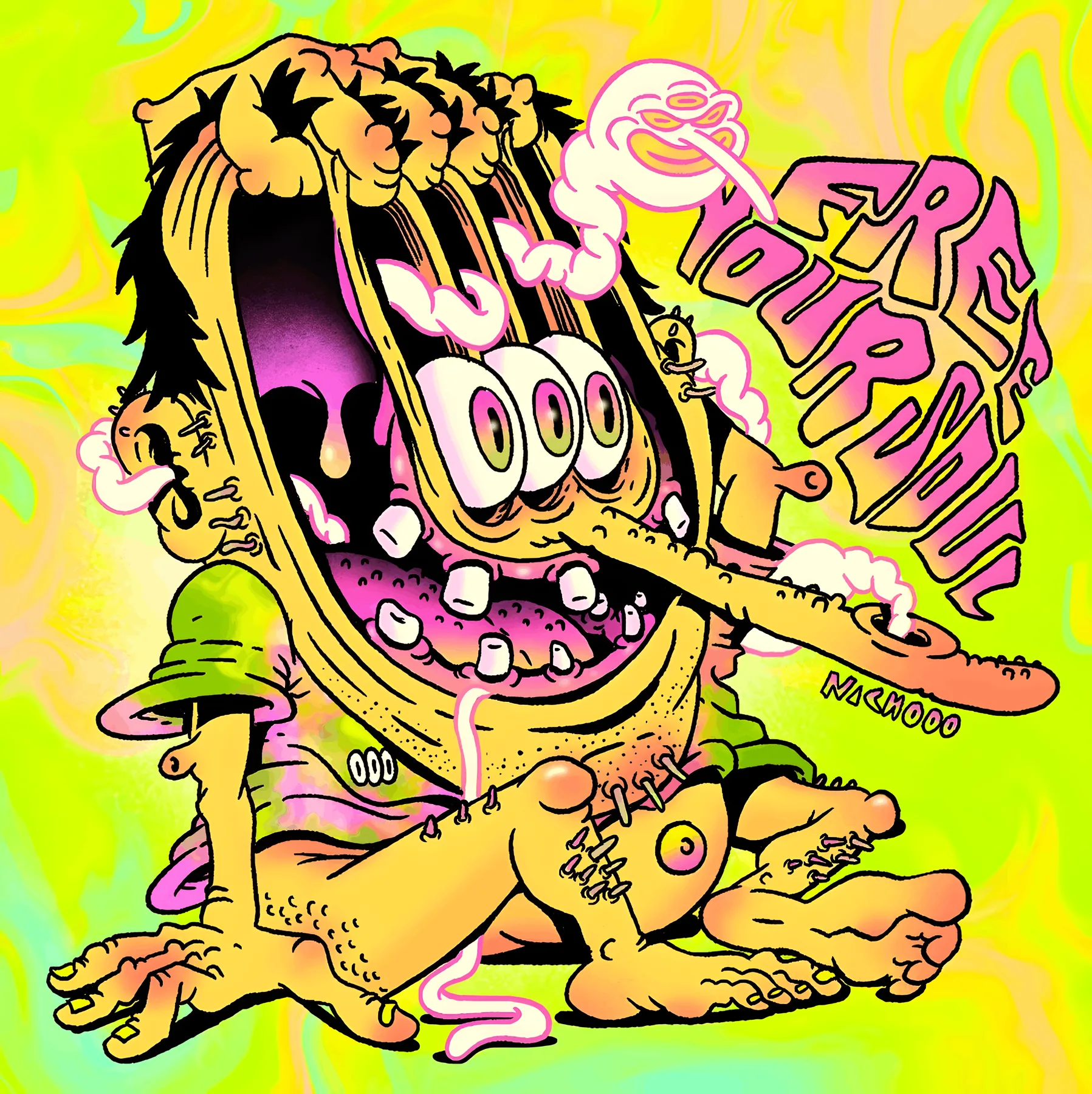 Neon cartoon dog character illustration